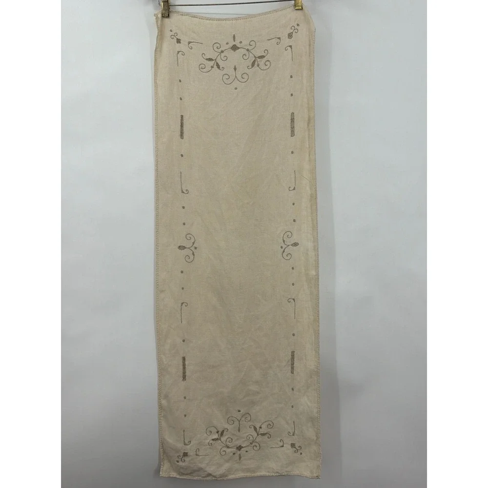 Vintage Hand Embroidered Linen Table Runner Beige Cutwork Floral Scroll 43x15.5